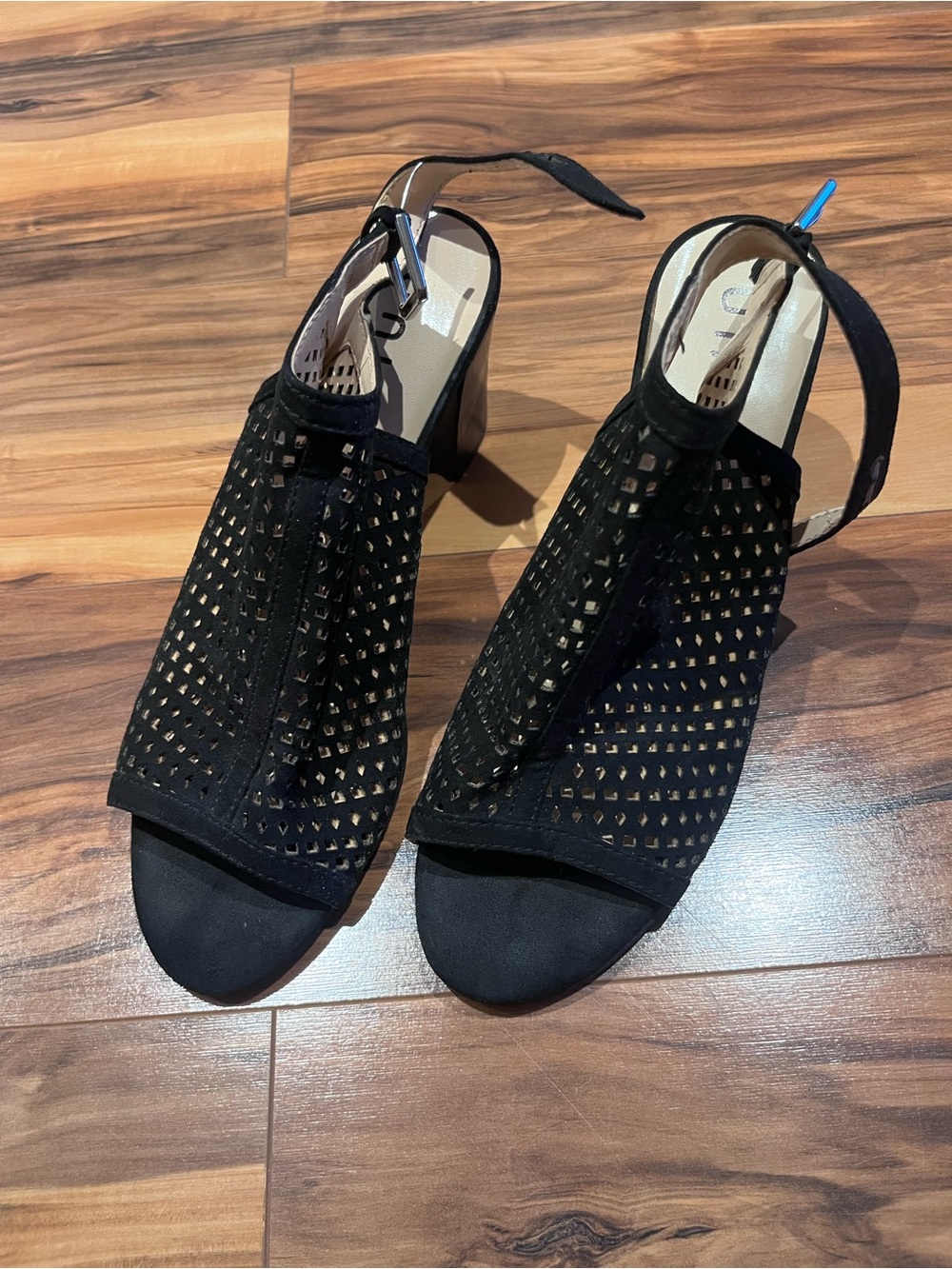 Black Perforated Open-Toe Block Heel Sandals